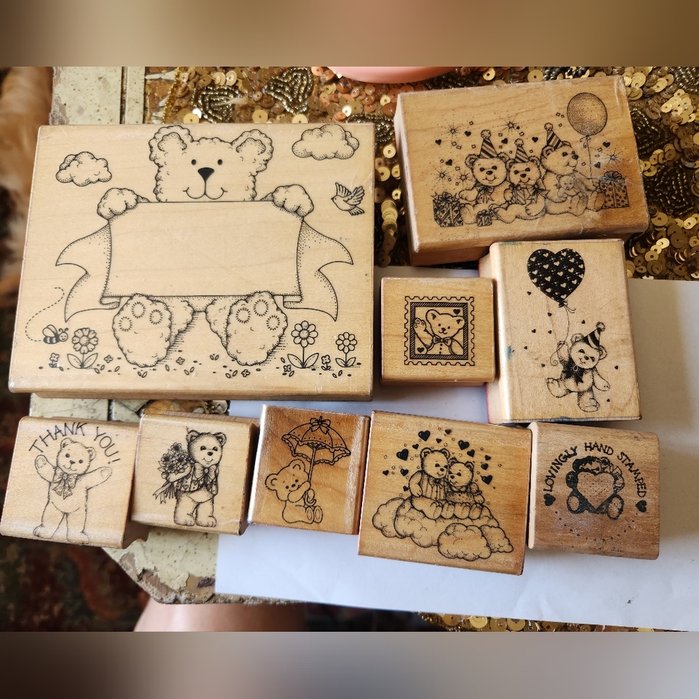 Lot of 10 Vintage TEDDY BEAR RUBBER STAMPS..GREAT CONDITION HERO ARTS STAMP CO